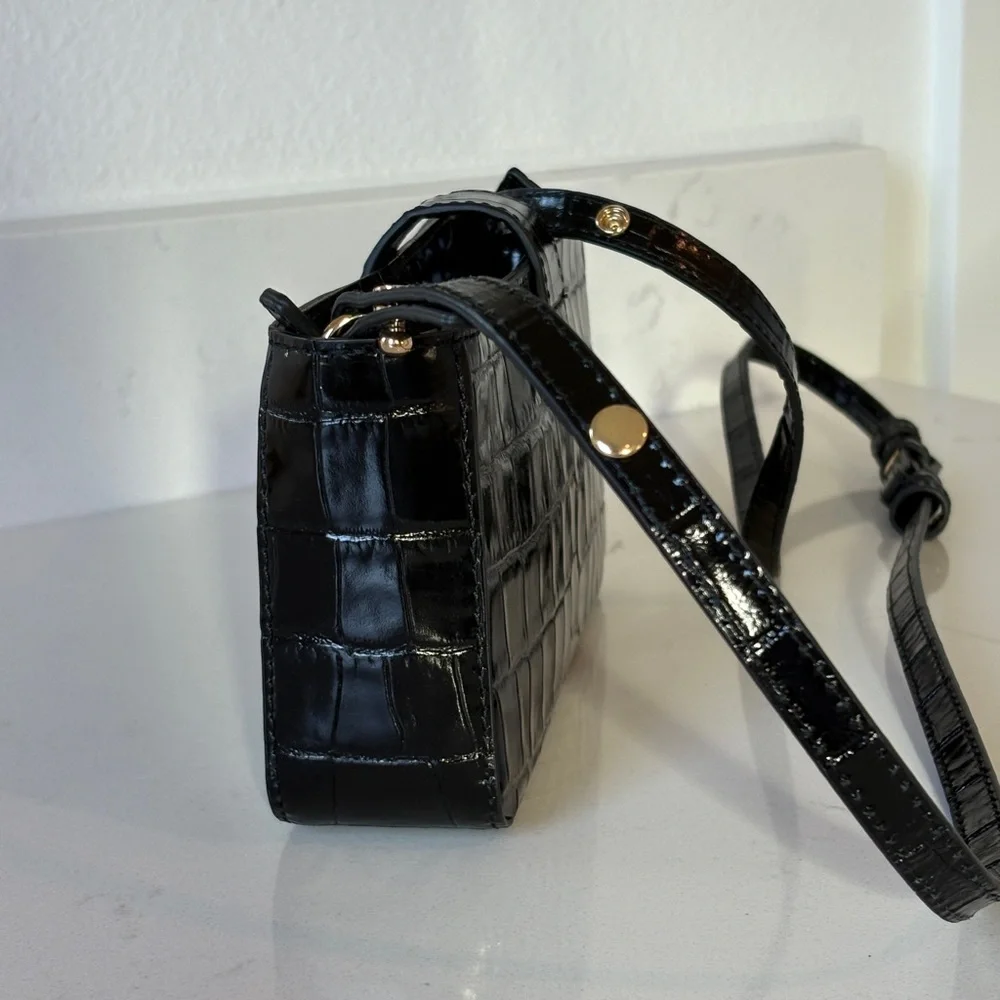J. Crew Black Croc-Embossed Crossbody Bag with Gold Hardware